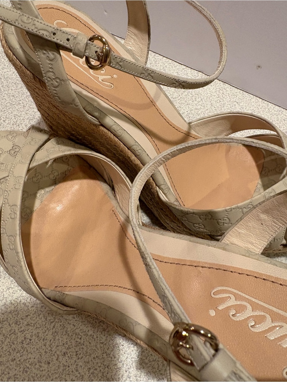 Gucci Beige GG Monogram Espadrille Wedge Sandals Penelope 41.5/11.5 New - Picture 14 of 16